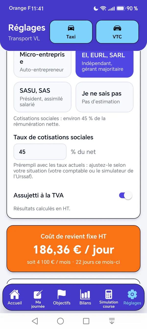 Écran Réglages : coût de revient fixe de 186 € par jour